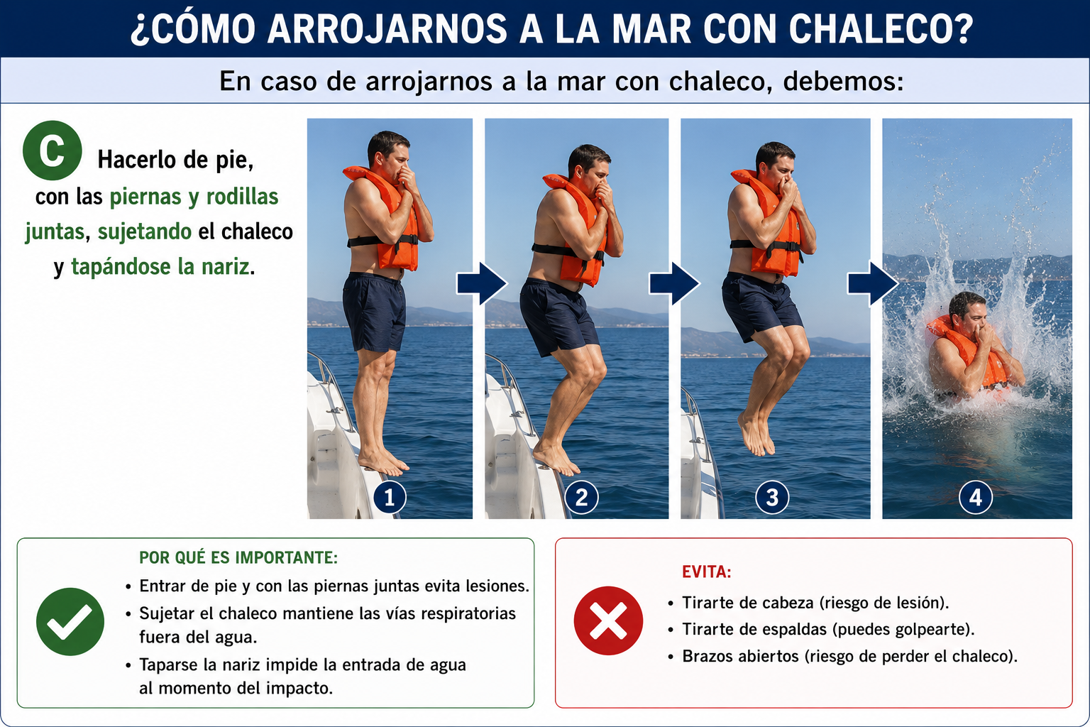 En caso de arrojarnos a la mar con chaleco, debemos: