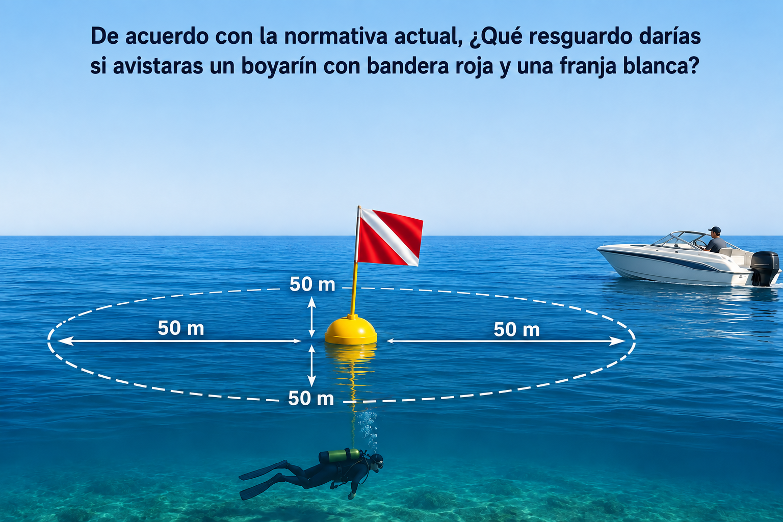 De acuerdo con la normativa actual, ¿qué resguardo darías si avistaras un boyarín con bandera roja y una franja blanca?