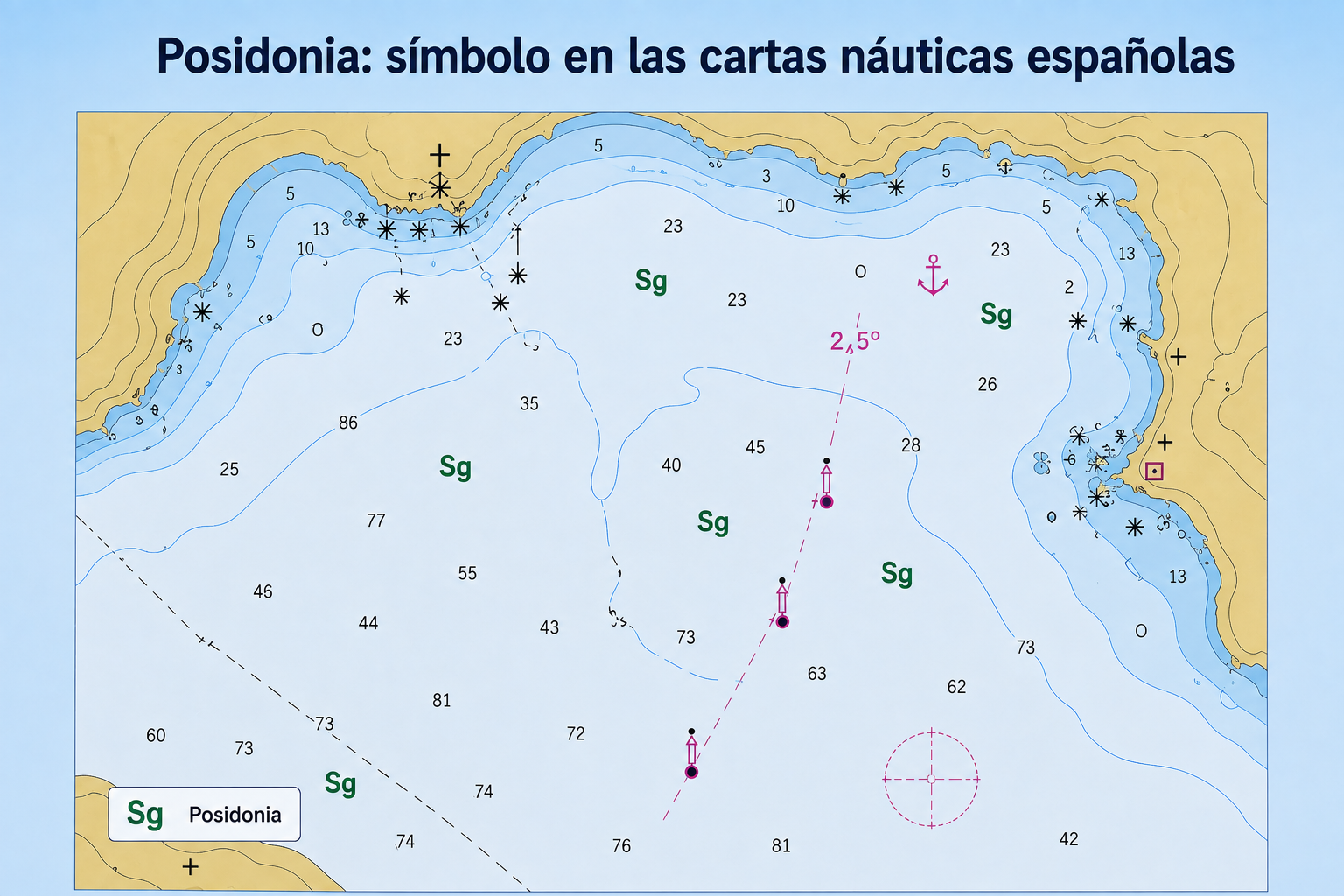 ¿Con qué símbolo se representa en las cartas náuticas españolas la presencia de Posidonia sobre el fondo marino?